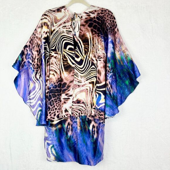 Vintage Alberto Makali Silk Mini Dress Size 6 Cape Jewel Embellished Y2K - Picture 2 of 7